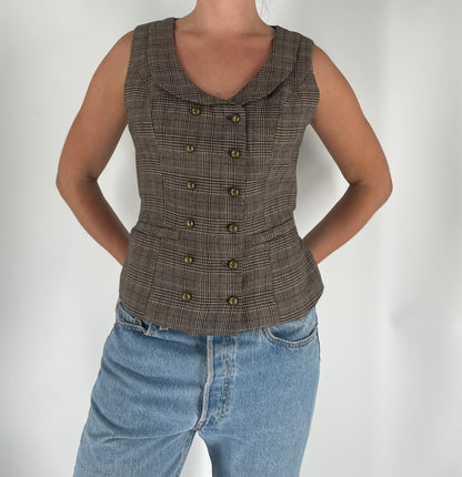 Plaid Vest With Collar, Gold Buttons and Waist Cinch Detail