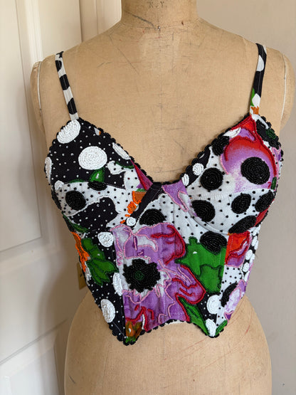 Beaded Patchwork Bustier with Polka Dots and Florals