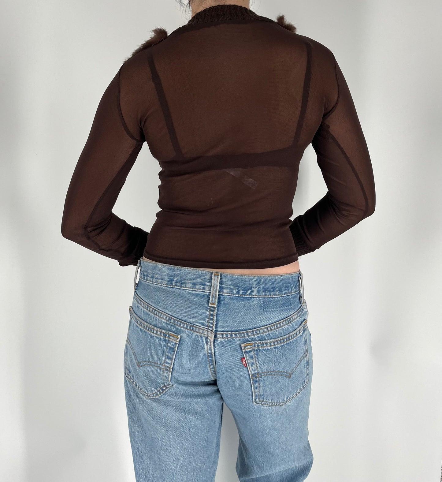 Made in France Long Sleeve Top With Feather Neckline and Sweater Material on Wrists