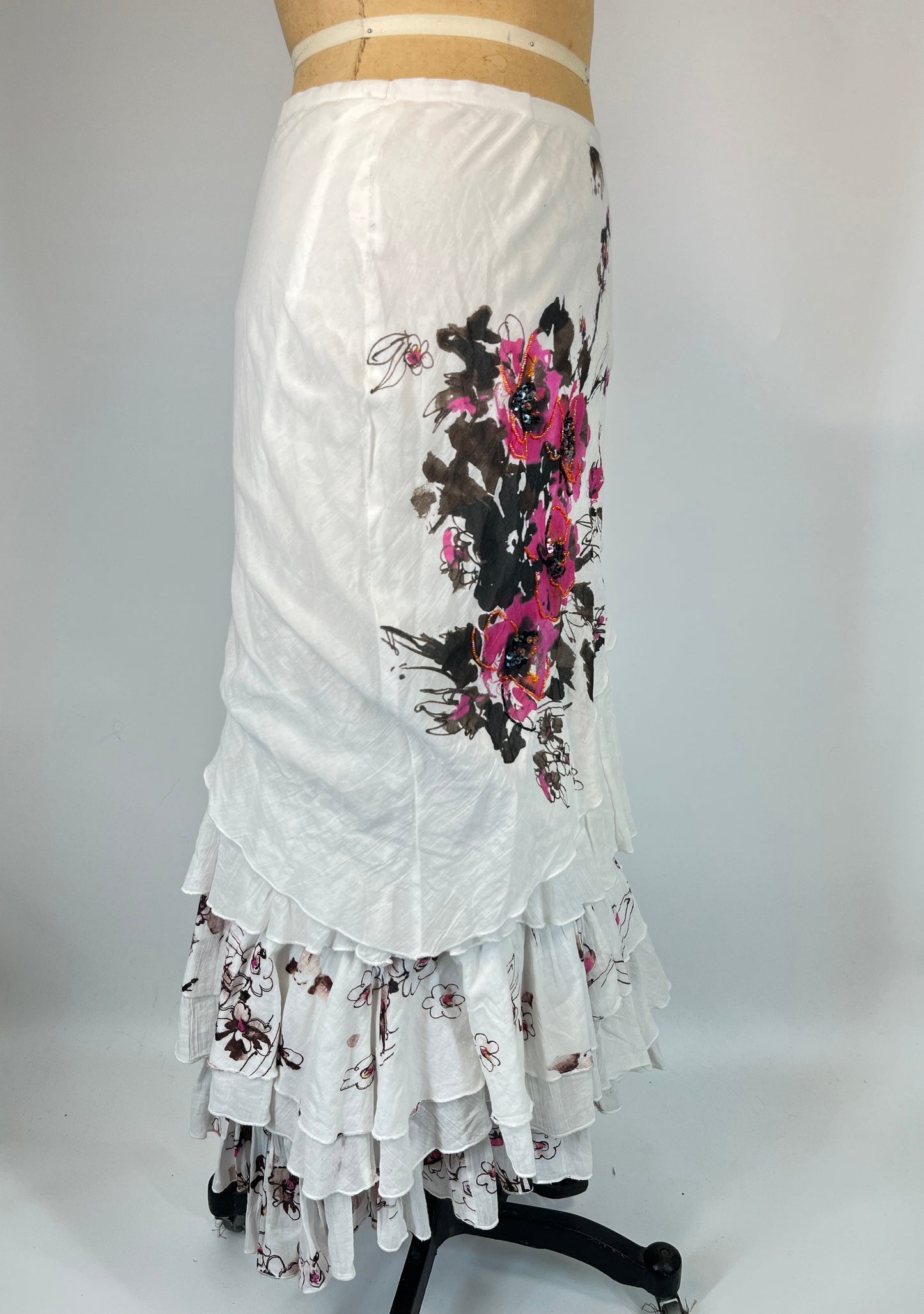 Floral Embroidered Ruffle Cotton Maxi Skirt