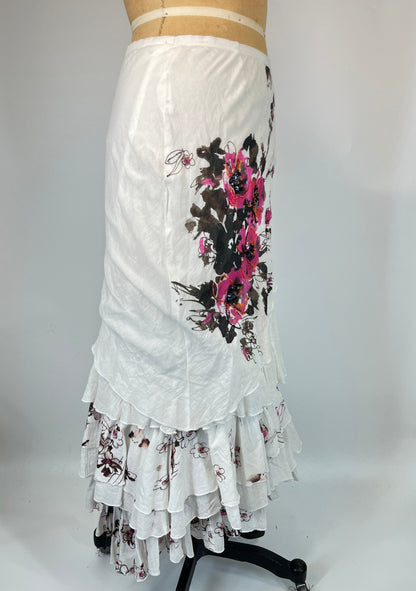 Floral Embroidered Ruffle Cotton Maxi Skirt