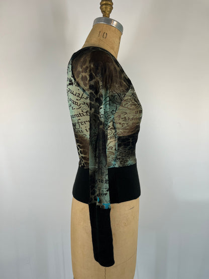 Euro-Style Mesh Printed Top With Knit Accents