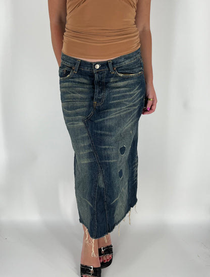 Distressed Denim Levi’s Skirt With Fading and Reworked Accents