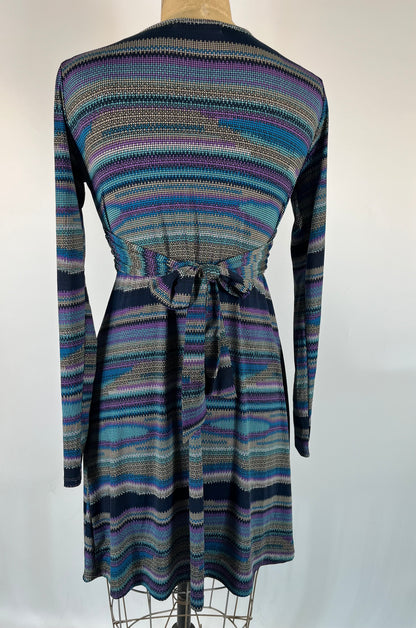 Abstract Striped Print Midi Dress With Long Sleeves and Wrap Waist
