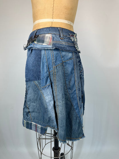 Abstract Print Denim Skirt With Plaid Accents