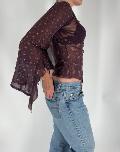 Mesh Paisley Print Top With Long Ruffle Sleeves