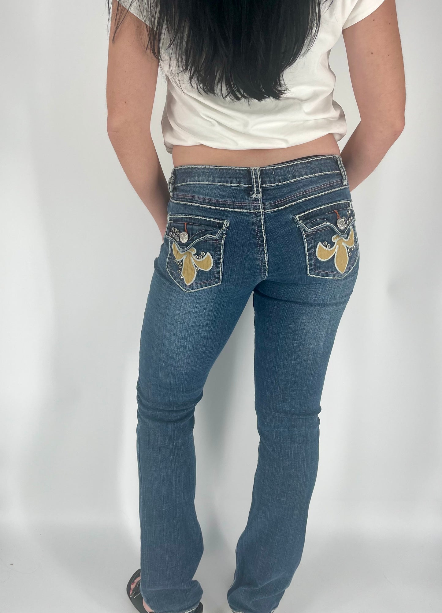 Y2K Low Rise Skinny Flare Jeans With White Stitching, Studs And Logo Butt Pockets