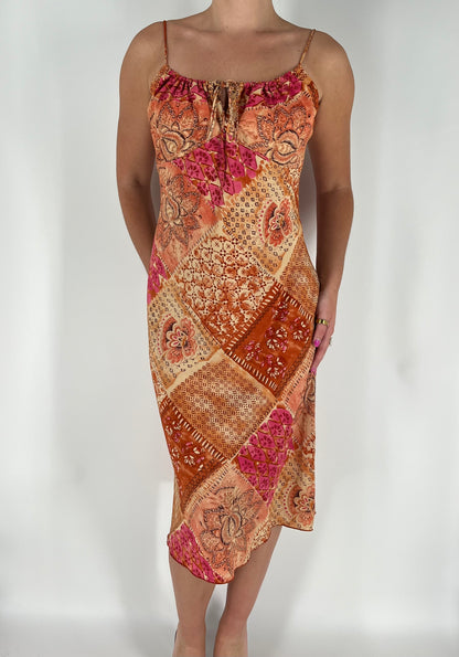 Patchwork Paisley Floral Midi Dress Burnt Autumn Color Scheme
