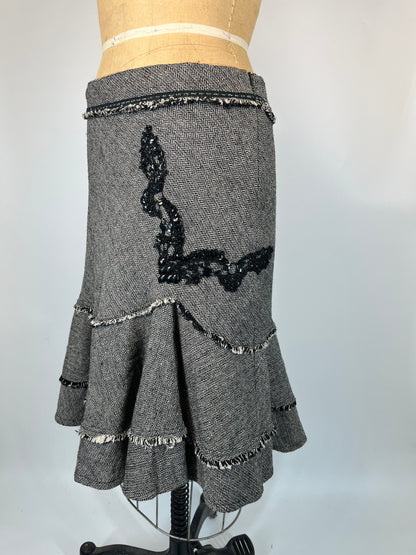 Wool Skirt With Tiered Ruffles and Lace Accents