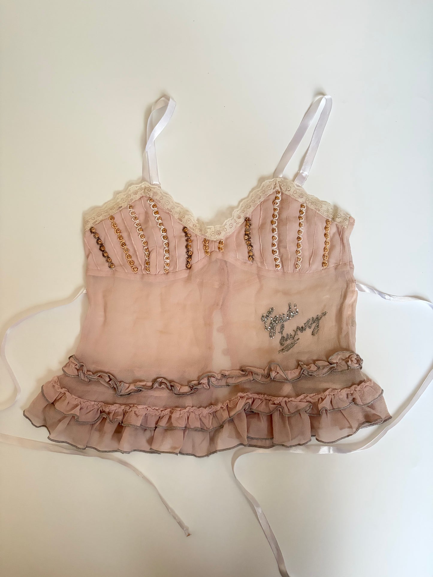 Silk Ruffle Tank with Beading and Buttons