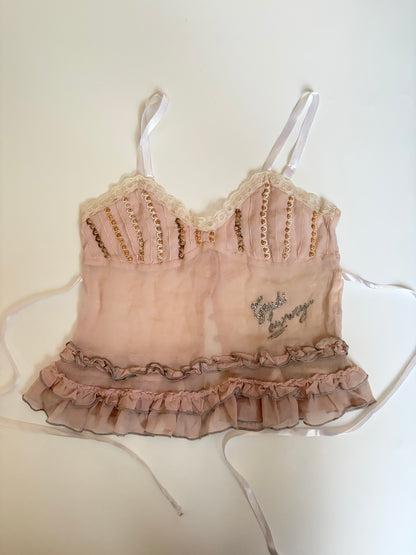 Silk Ruffle Tank with Beading and Buttons