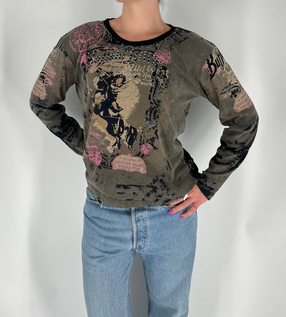 Wild West Vintage Long Sleeve With Distressed Look, Studs and Unique Graphic Print
