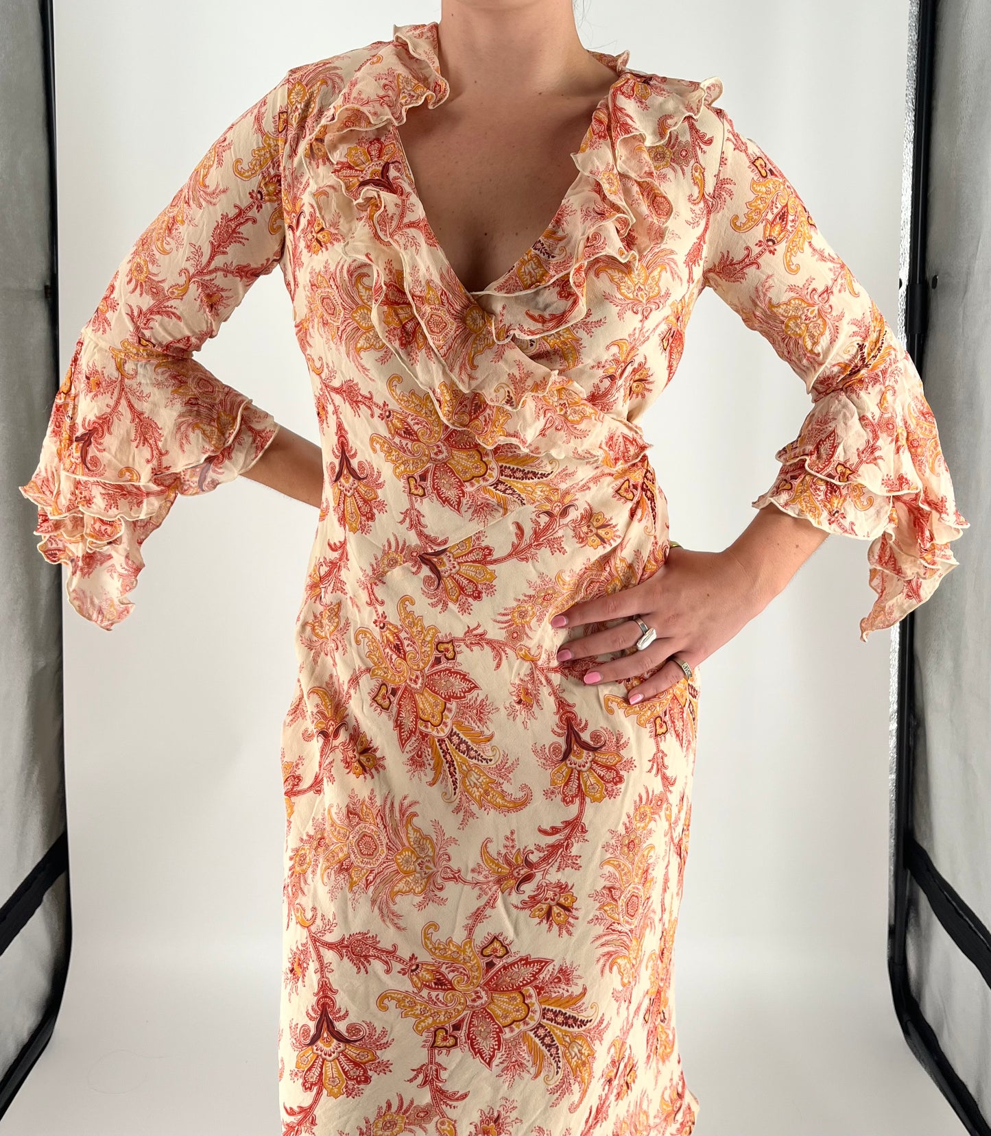 Bell Sleeve Ruffle Midi Dress With Floral Paisley Print