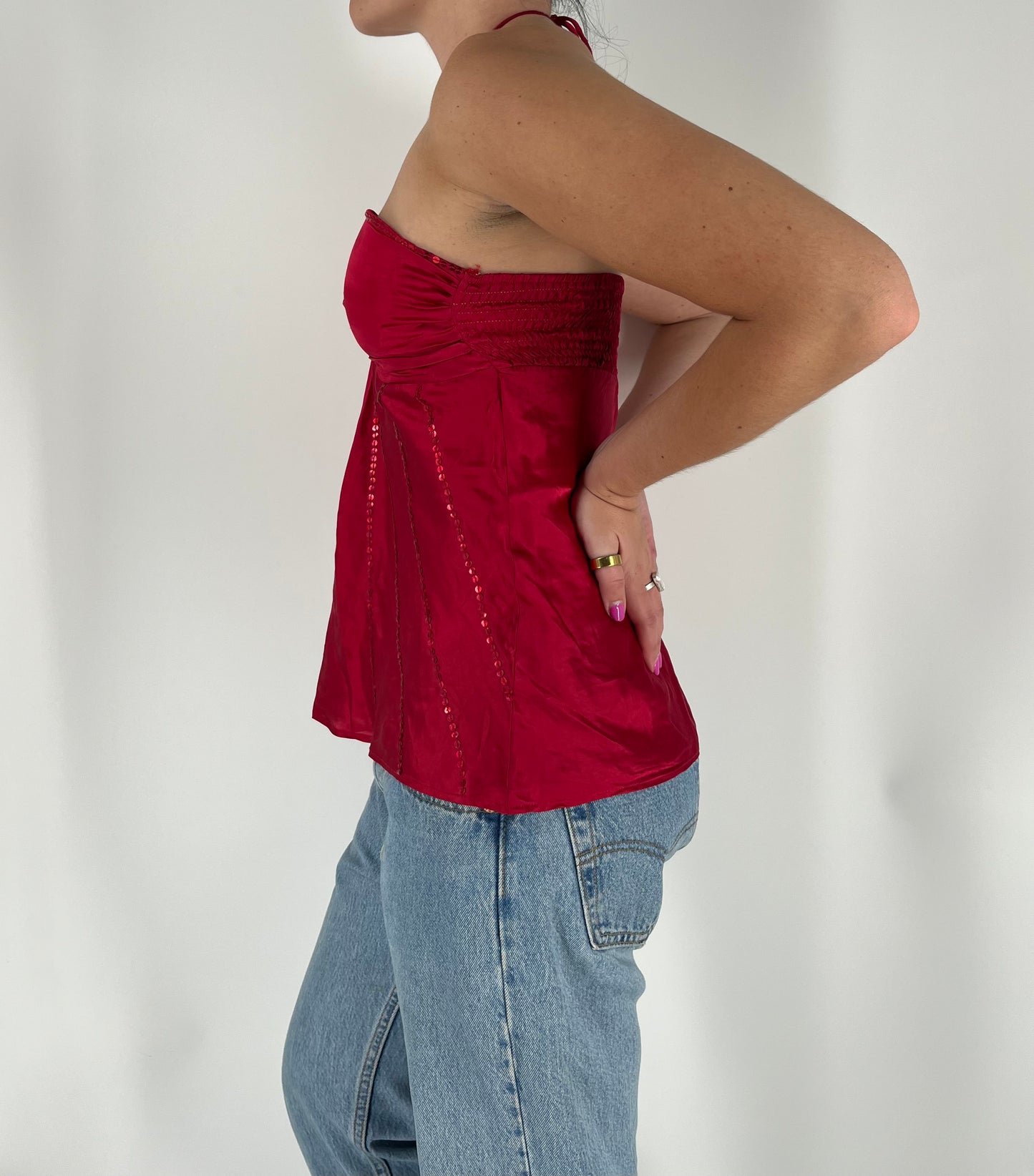 Red Satin Halter Tank With Sequin Details