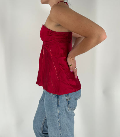 Red Satin Halter Tank With Sequin Details
