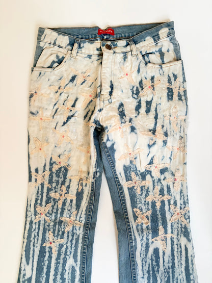 Euro Bleached Jeans with Sequins and Lace Appliques