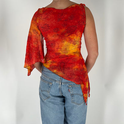 Tie Dye Mesh Asymmetrical Top With Glitter and Paisley Print