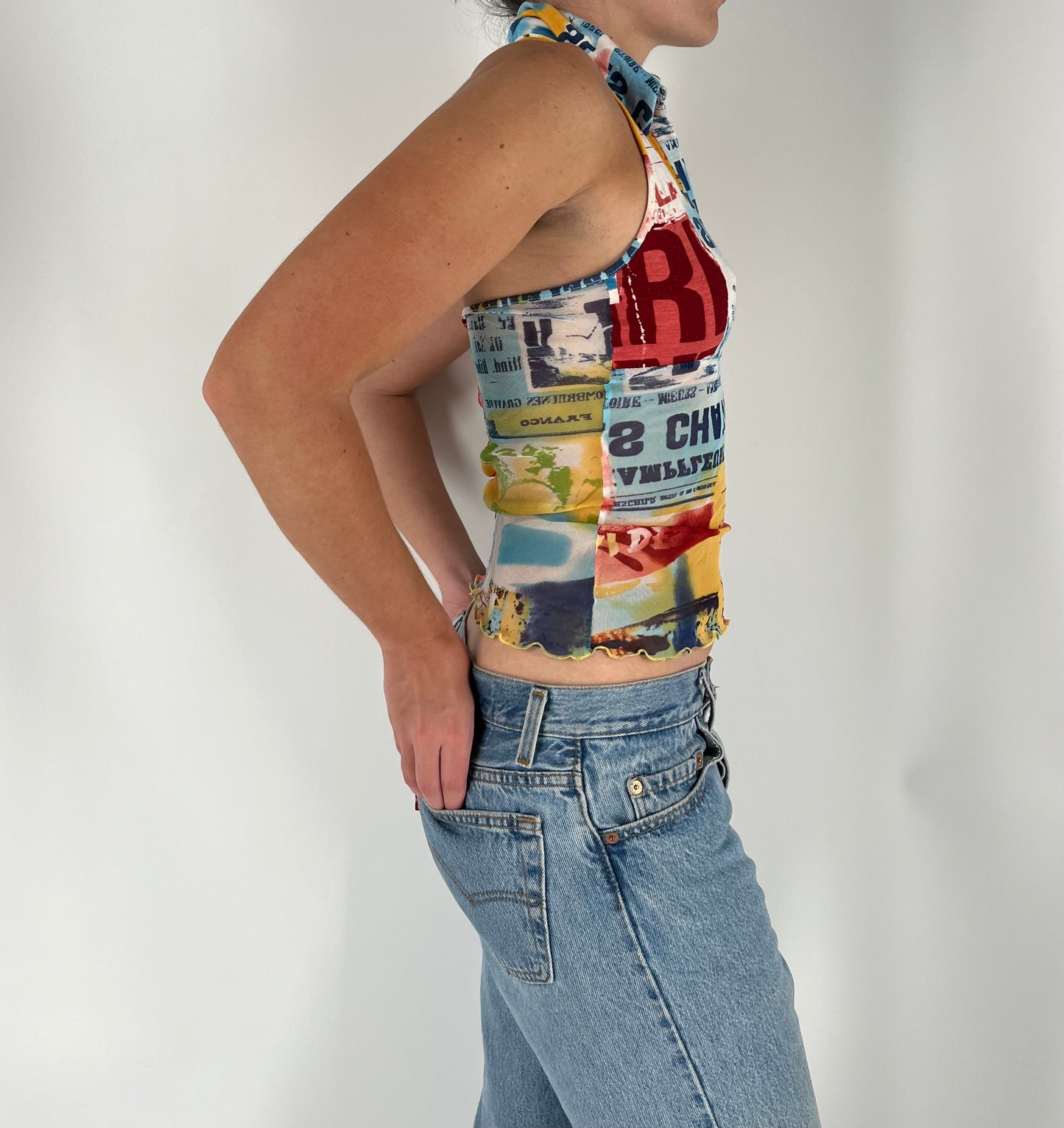 Retro Print Collared Tank With Micro Mesh and Lettuce Hem