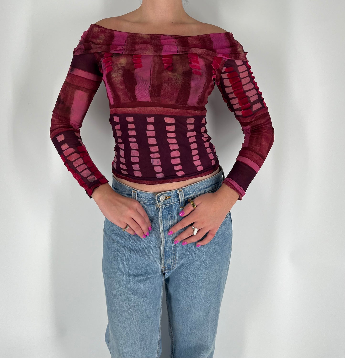 Made in France Off Shoulder Mesh Graphic Long Sleeve With Velvet Accents
