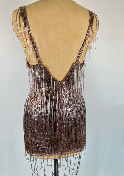 Mandalay Designs Beaded Fringe Dress With Sequin Cheetah