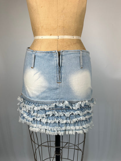 Distressed Ruffle Mini Skirt With Faded Denim Light Wash