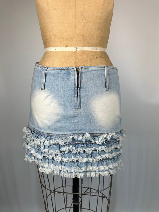 Distressed Ruffle Mini Skirt With Faded Denim Light Wash