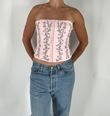 Pink Strapless Corset With Beaded Embroidery