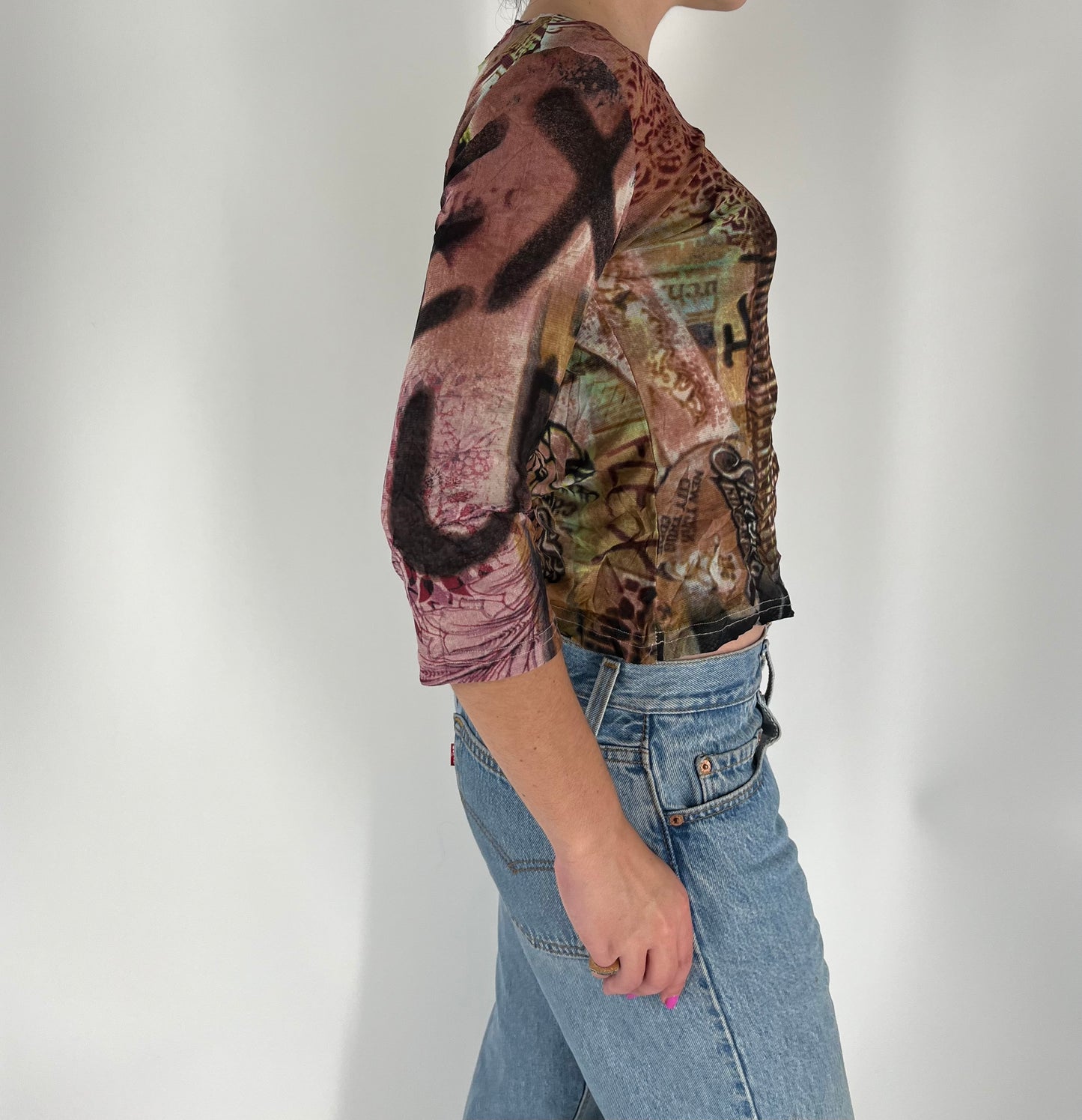 Made in France Mesh 3/4 Sleeve Graphic Top