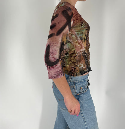 Made in France Mesh 3/4 Sleeve Graphic Top