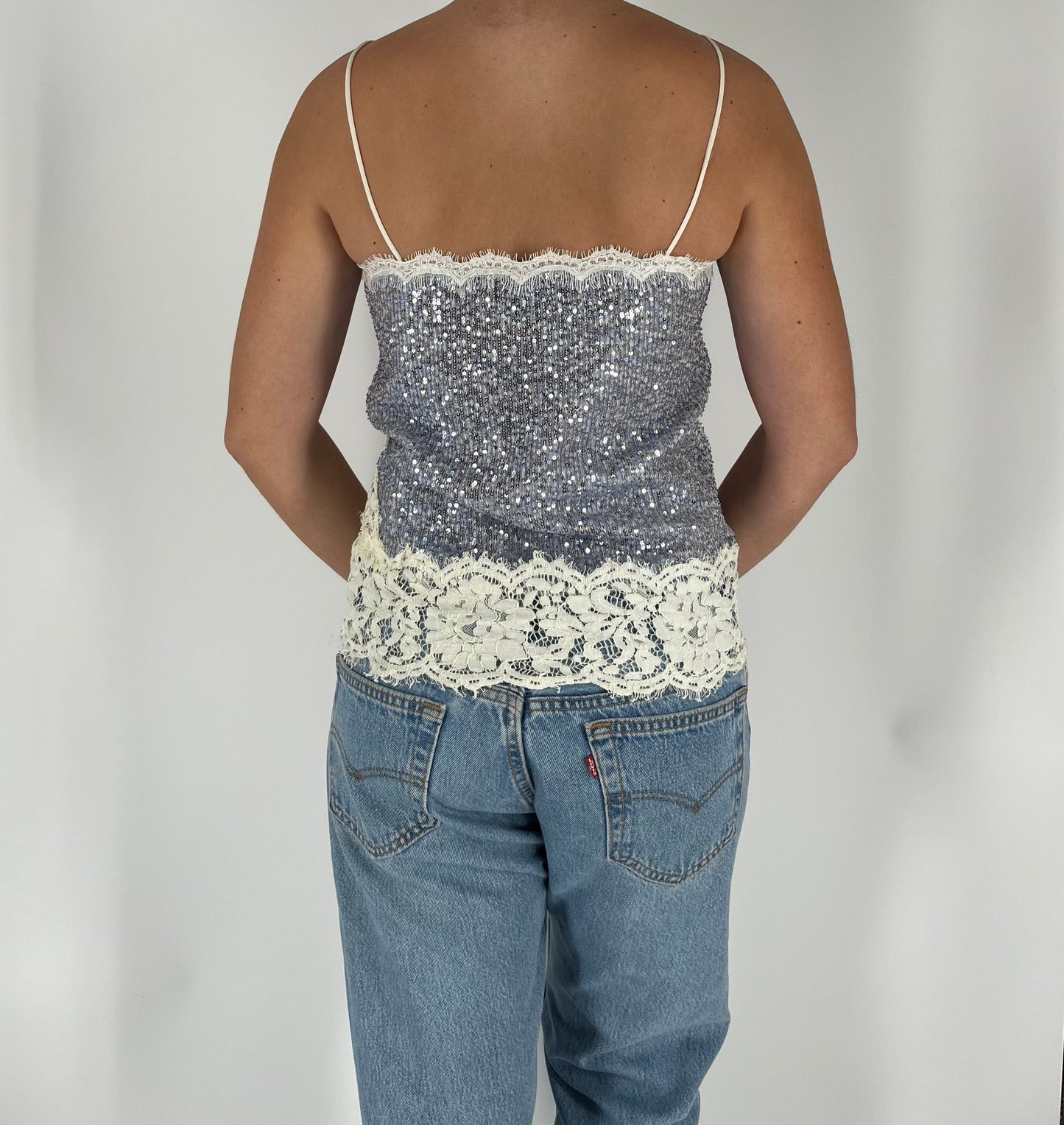 Made in Italy Sequin Lace Tank With Asymmetrical Lace Trim