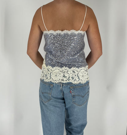 Made in Italy Sequin Lace Tank With Asymmetrical Lace Trim