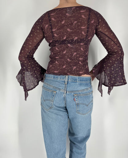 Mesh Paisley Print Top With Long Ruffle Sleeves