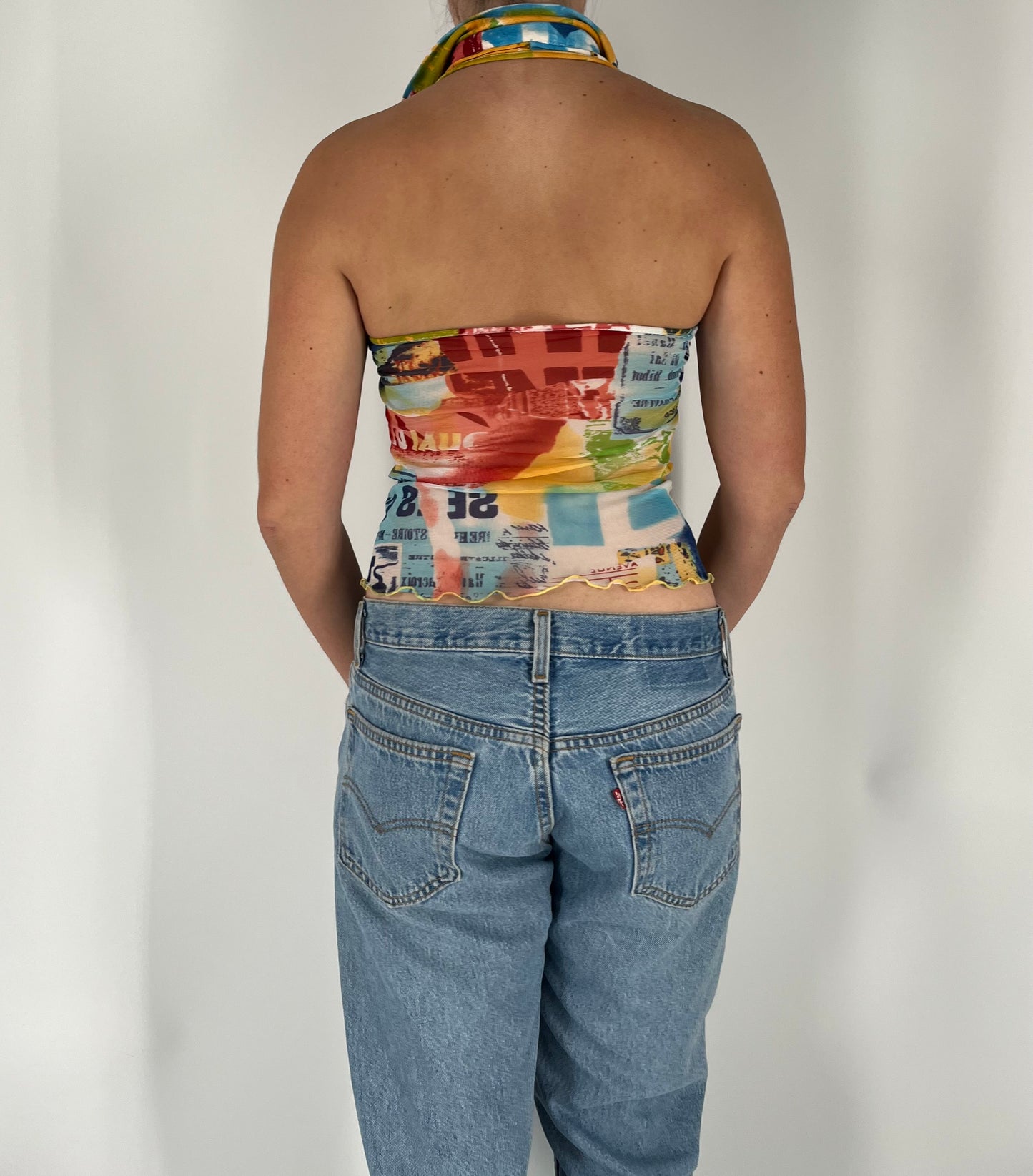 Retro Print Collared Tank With Micro Mesh and Lettuce Hem