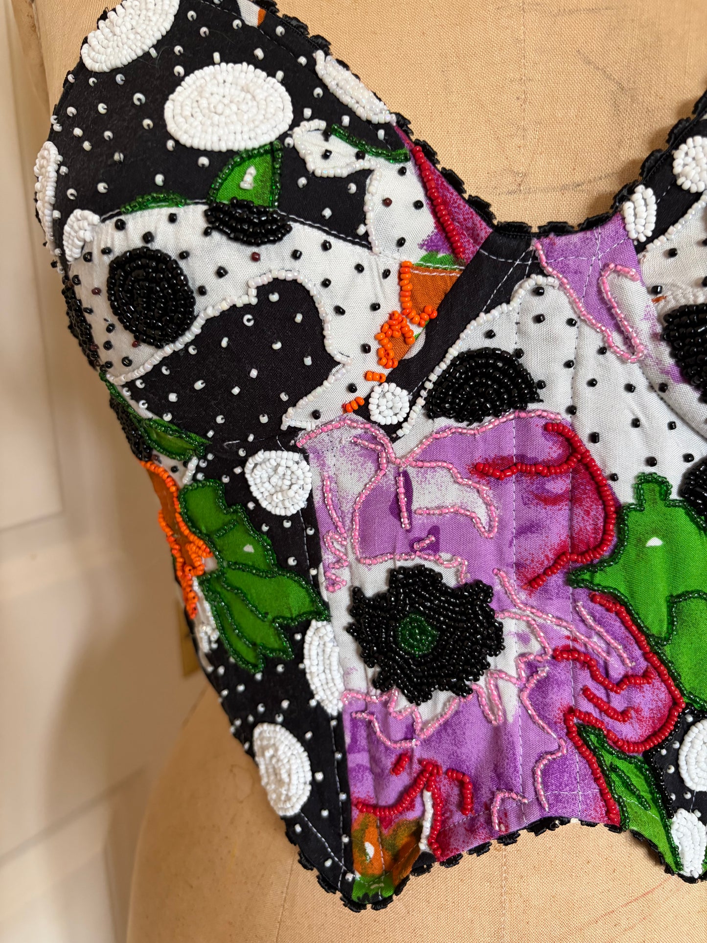 Beaded Patchwork Bustier with Polka Dots and Florals