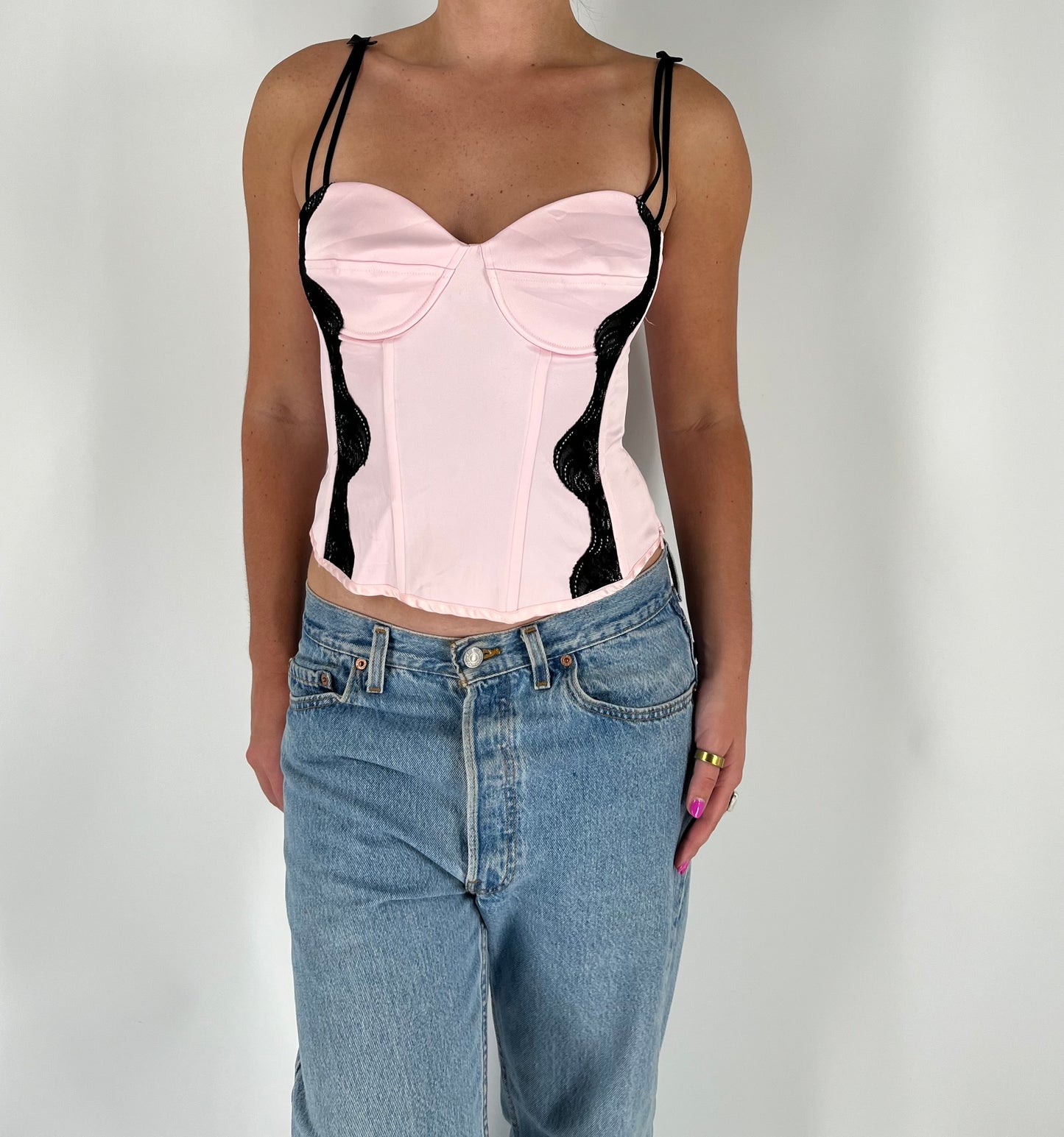 French Style Bustier Corset With Black Lace and Unique Straps