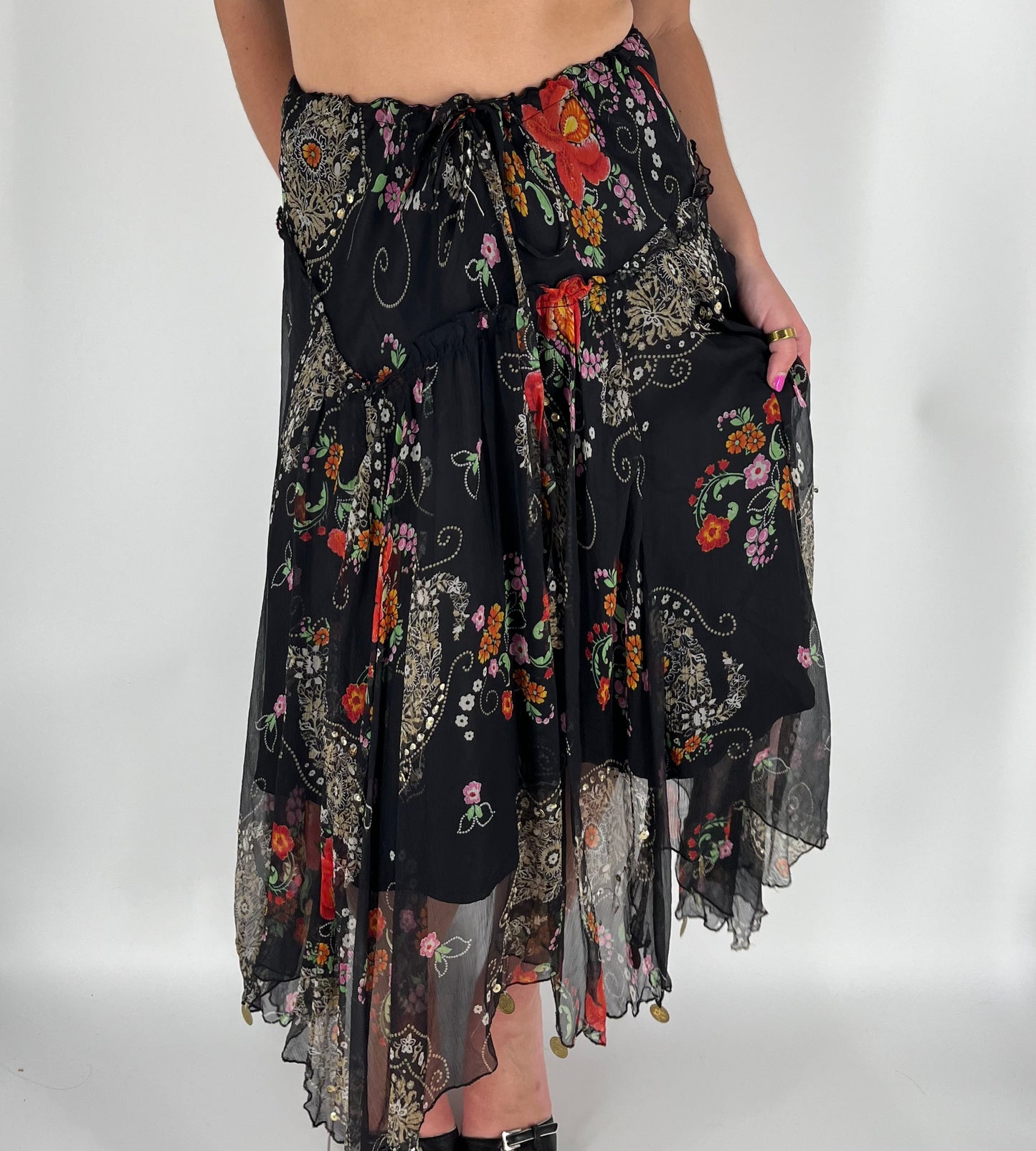 Sheer Flowy Floral Skirt With Handkerchief Hem & Coin Accents