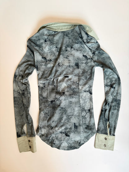 Distressed Print Collared Long Sleeve with Tie Up Closure