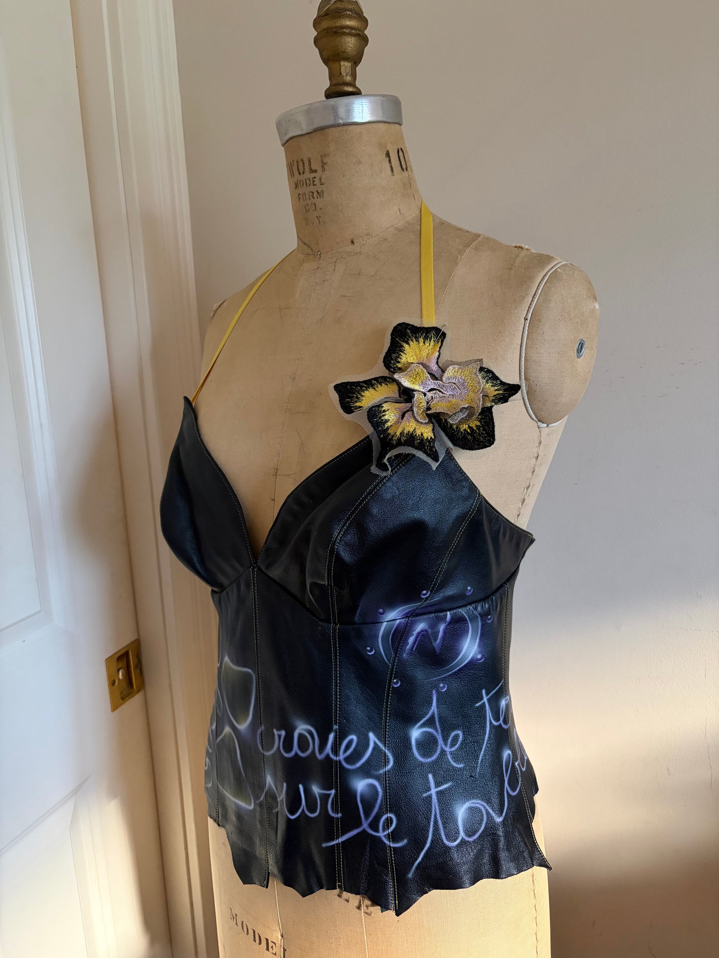 Euro Leather Corset with Graffiti and Flower Appliqué