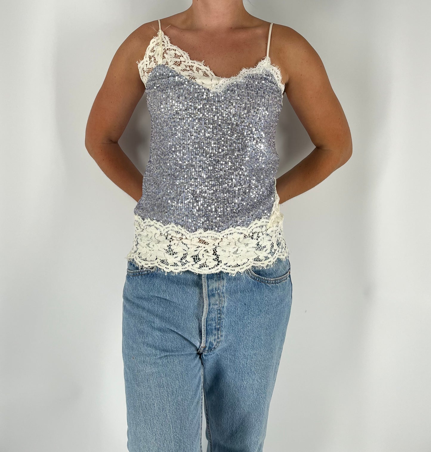 Made in Italy Sequin Lace Tank With Asymmetrical Lace Trim