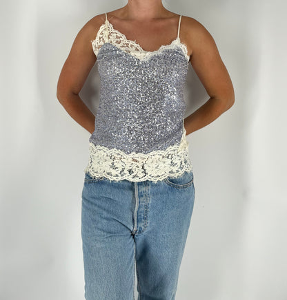 Made in Italy Sequin Lace Tank With Asymmetrical Lace Trim