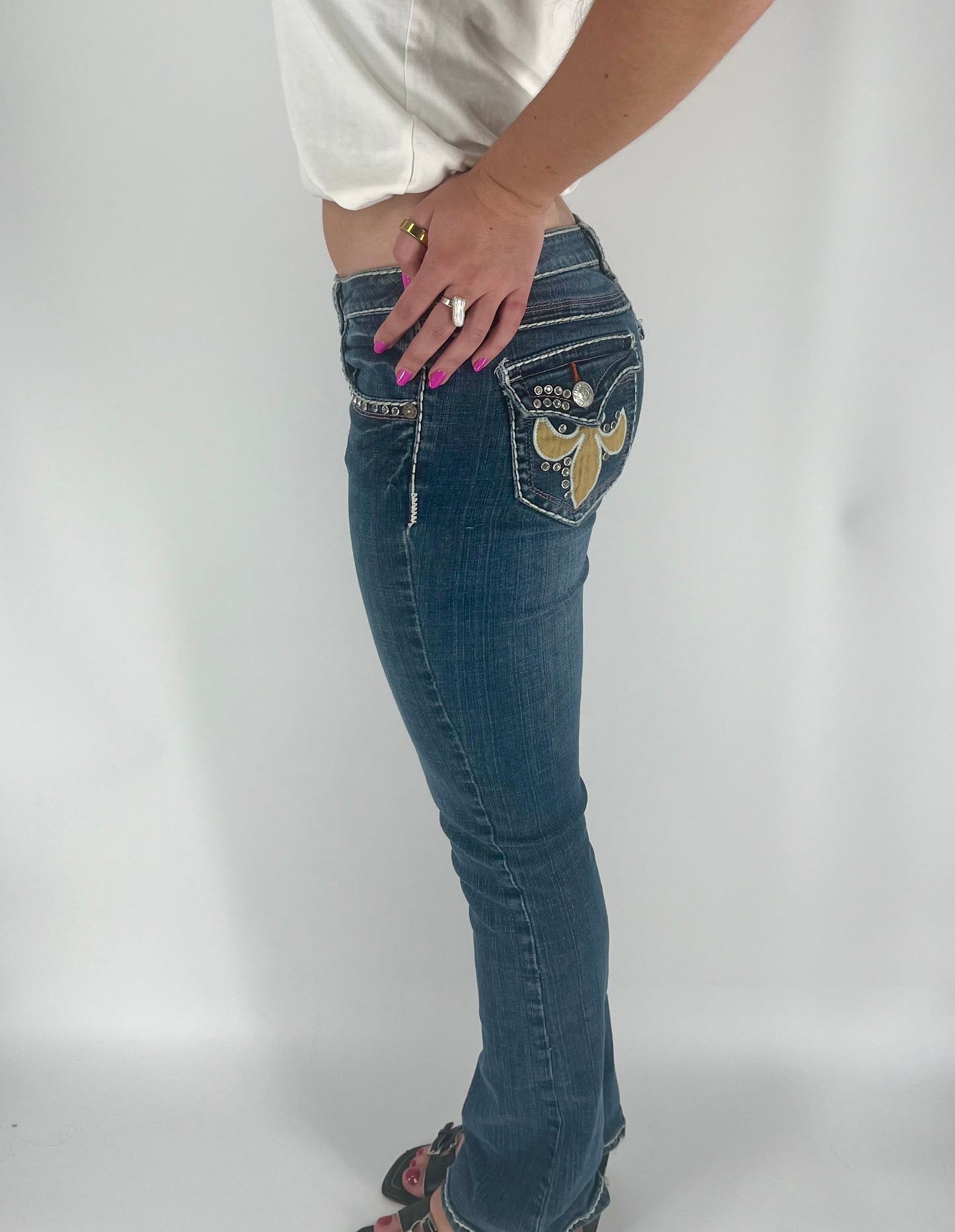 Y2K Low Rise Skinny Flare Jeans With White Stitching, Studs And Logo Butt Pockets