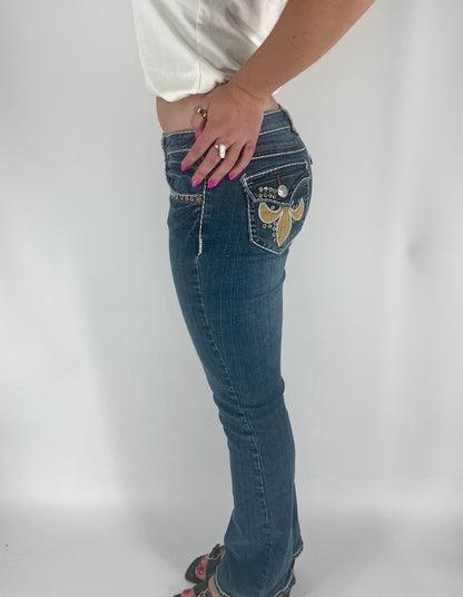 Y2K Low Rise Skinny Flare Jeans With White Stitching, Studs And Logo Butt Pockets