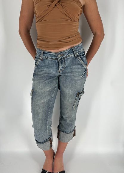 Y2K Mixed Wash Denim Cargo Capri Pants Cuffed at the Hem