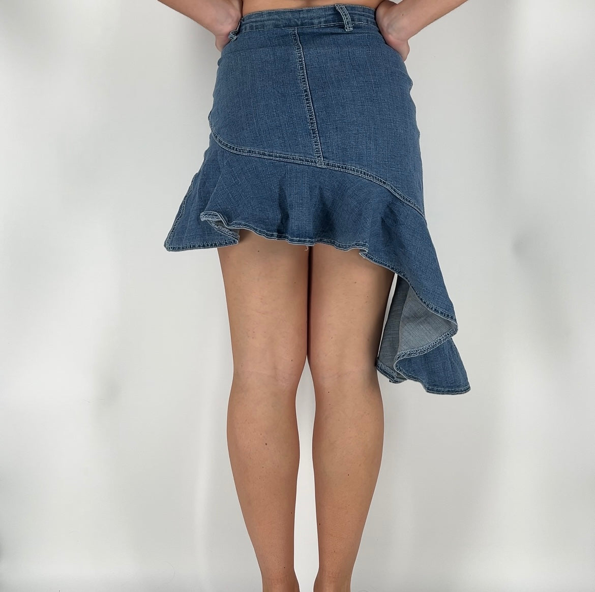 Y2K Ruffle Asymmetrical Denim Skirt With Studs