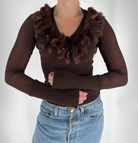 Made in France Long Sleeve Top With Feather Neckline and Sweater Material on Wrists