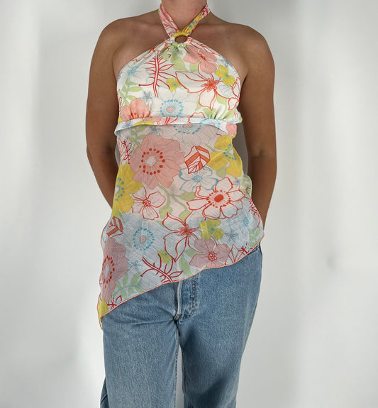 Sheer Floral Halter Tank With O Ring Detail