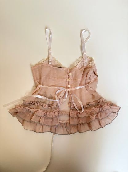 Silk Ruffle Tank with Beading and Buttons