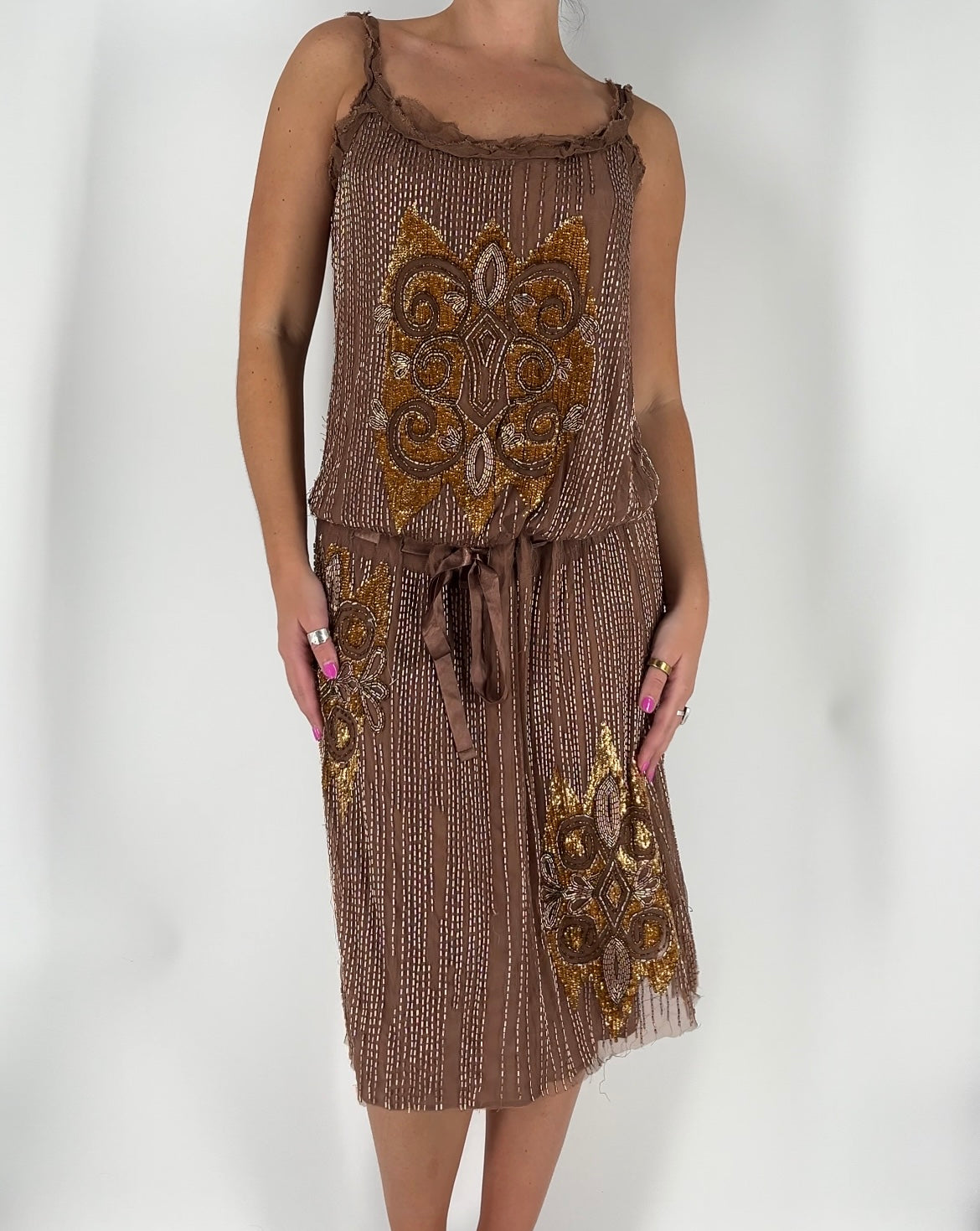 100% Silk Dress With Beading and a Ribbon Belted Waist