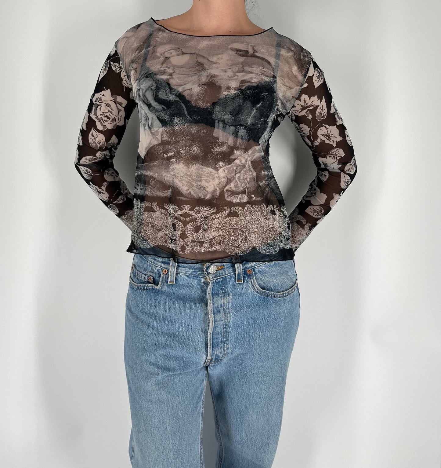 Made in France Mesh Long Sleeve Top With Renaissance and Floral Prints