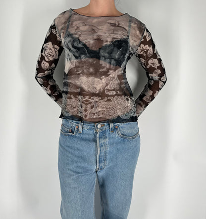 Made in France Mesh Long Sleeve Top With Renaissance and Floral Prints